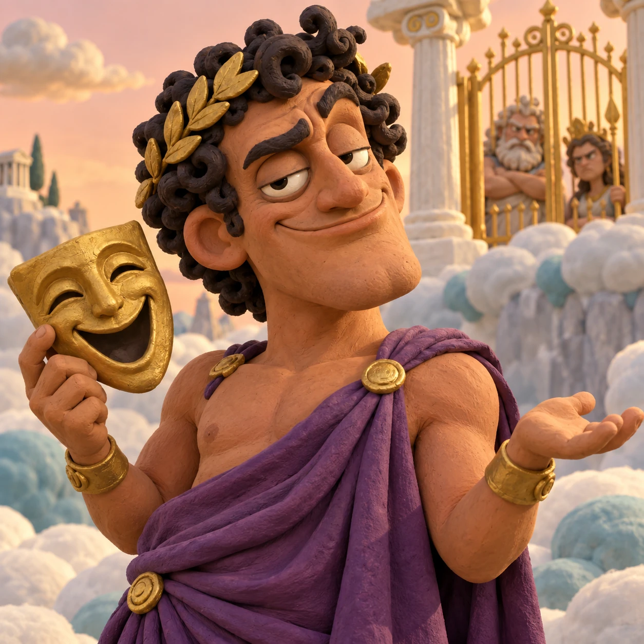 A smug clay Momus in a purple toga holds a golden comedy mask, while two annoyed gods watch from the gates of Olympus.